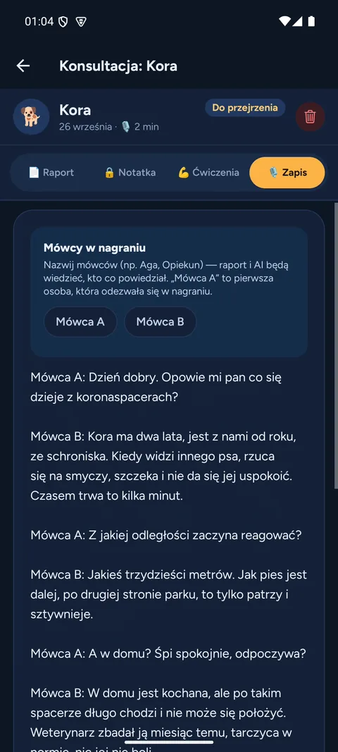 Zapis konsultacji z podziałem na mówców